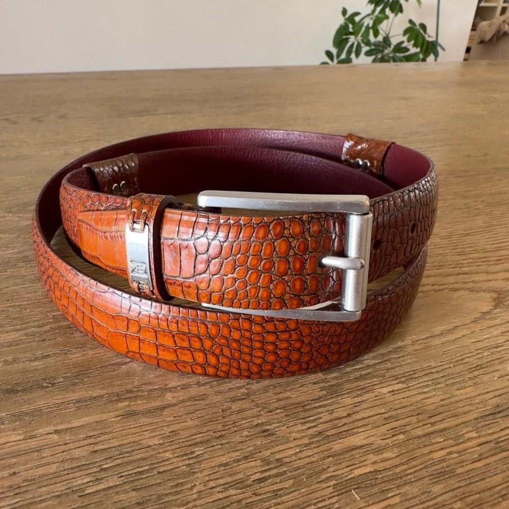 Tiger Woods Collection Brown Croc Embossed Leather Belt Men's Golf Silver Buckle